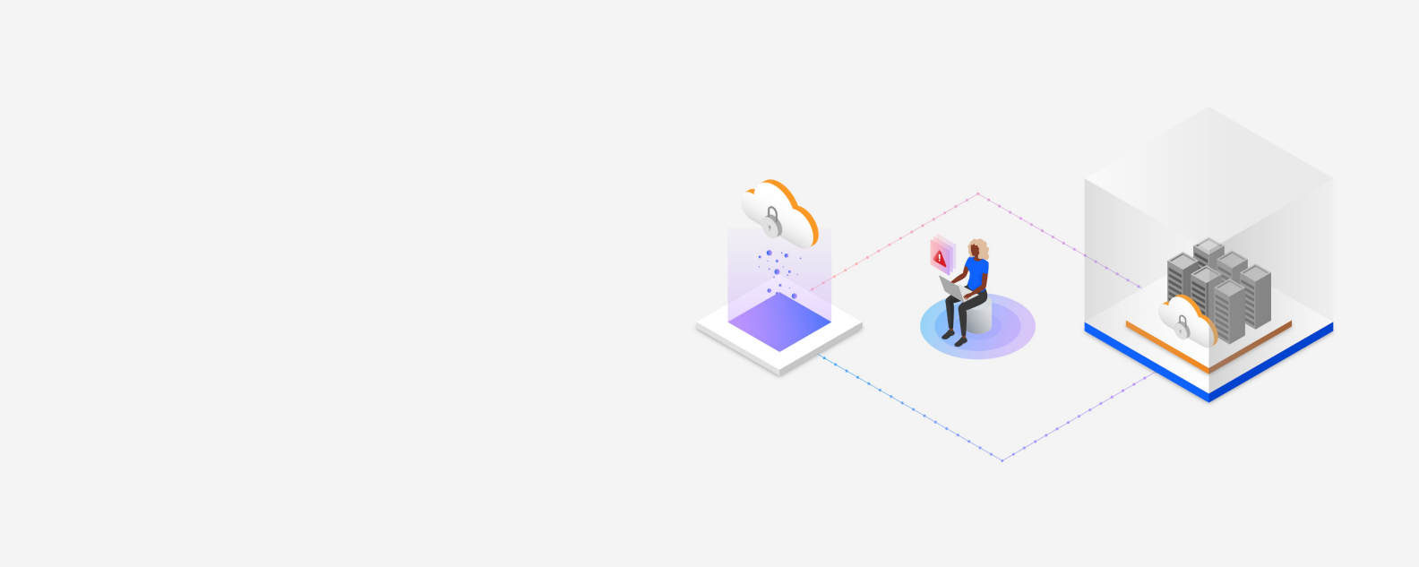 isometric Illustration of a person with a laptop accessing data connected to a secure cloud, servers and applications 