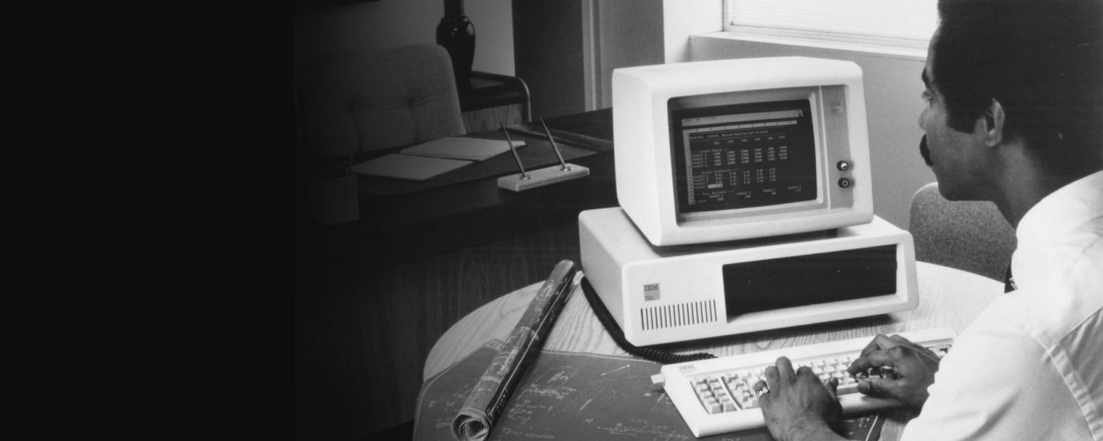 The original IBM 5150 PC with two floppy drives and a monochrome cathode-ray tube display