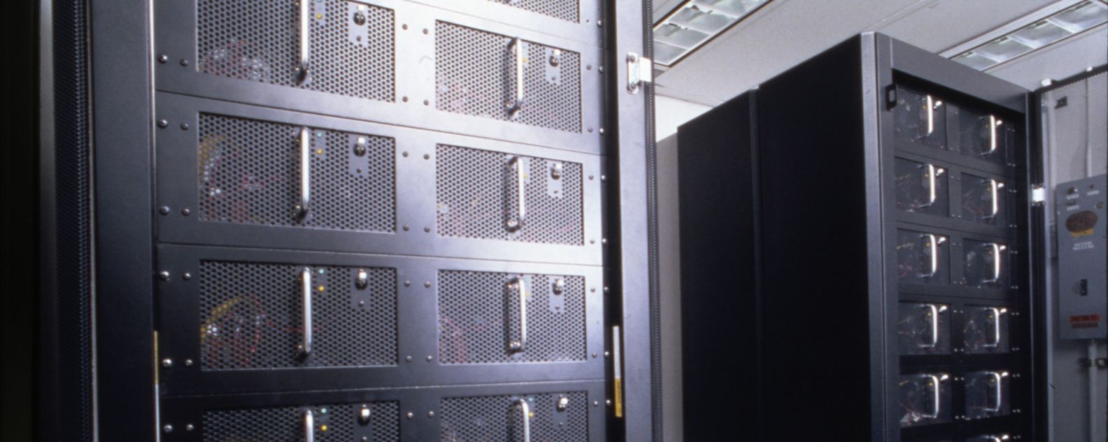 Close-up shot of two of Deep Blue's processor cabinets in a server room, mid-1960s