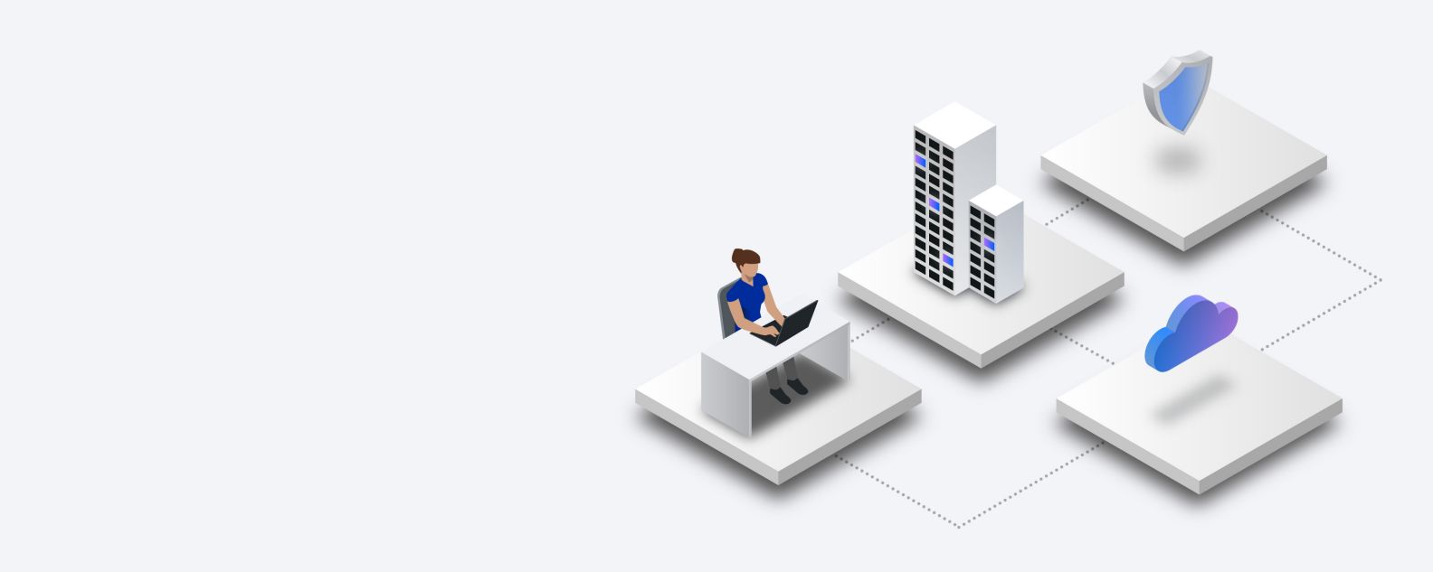 illustration of person at desk and connected to platforms representing computer servers, cloud technology and cyber security