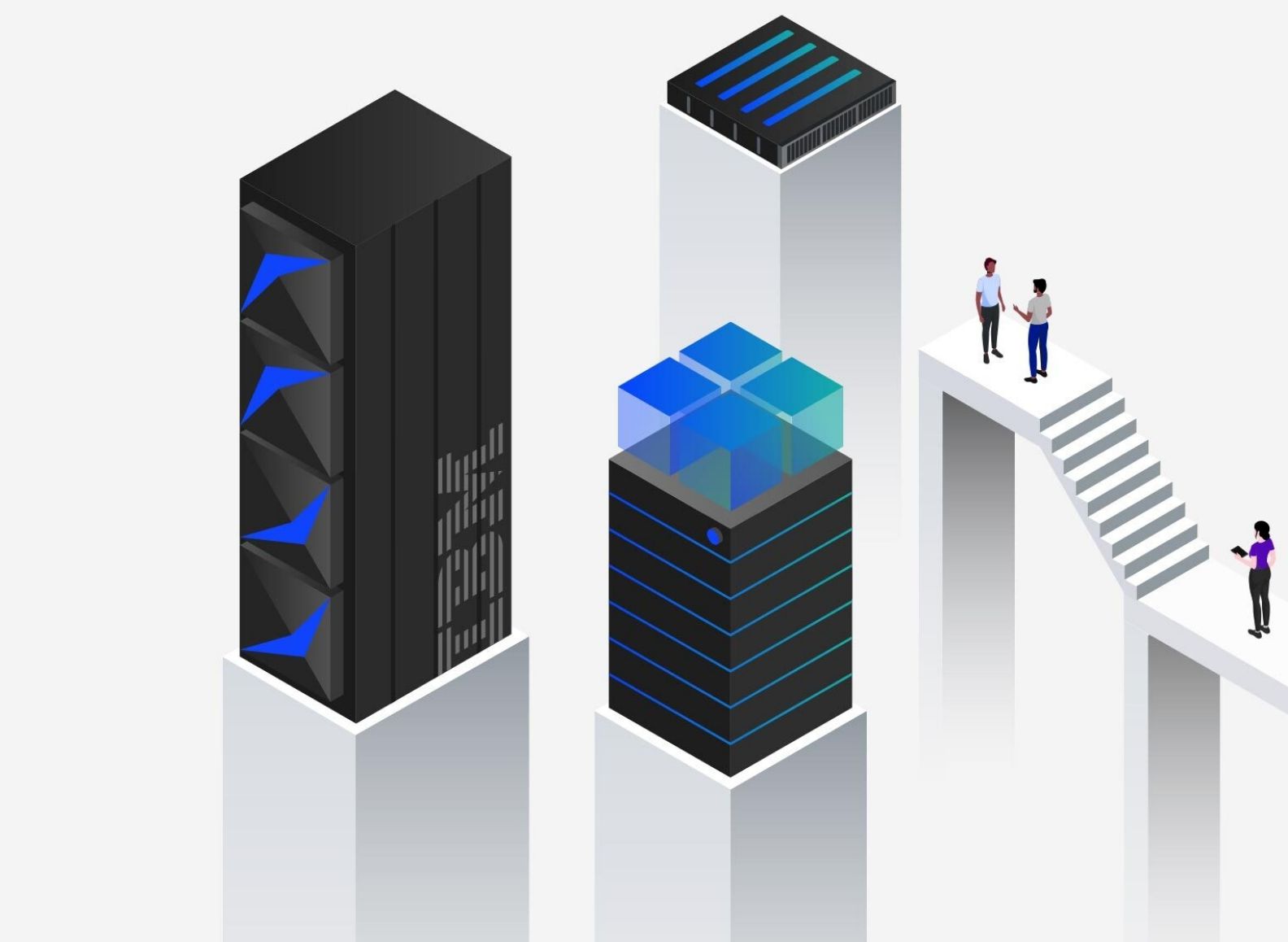 Isometric illustration of a group of people interacting among different types of storage systems