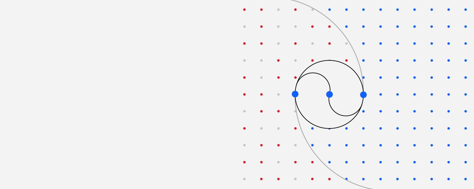 Illustration en forme de grille de points colorés où trois points plus grands sont reliés par plusieurs lignes courbes