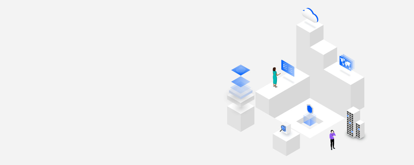 Isometric illustration of platforms and objects representing various IBM cloud compliance programs