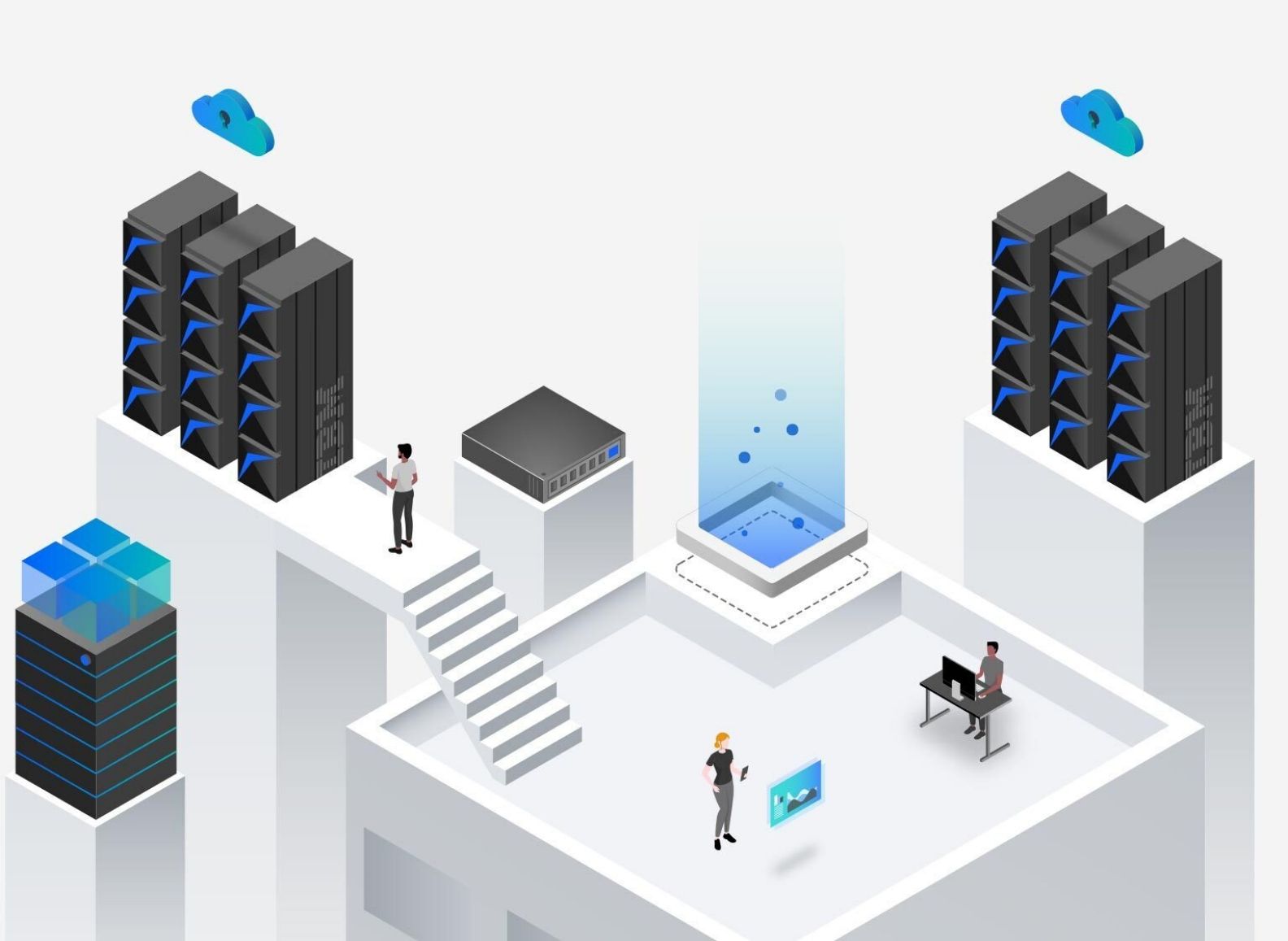Isometric illustration depicting people interacting with a flash storage system
