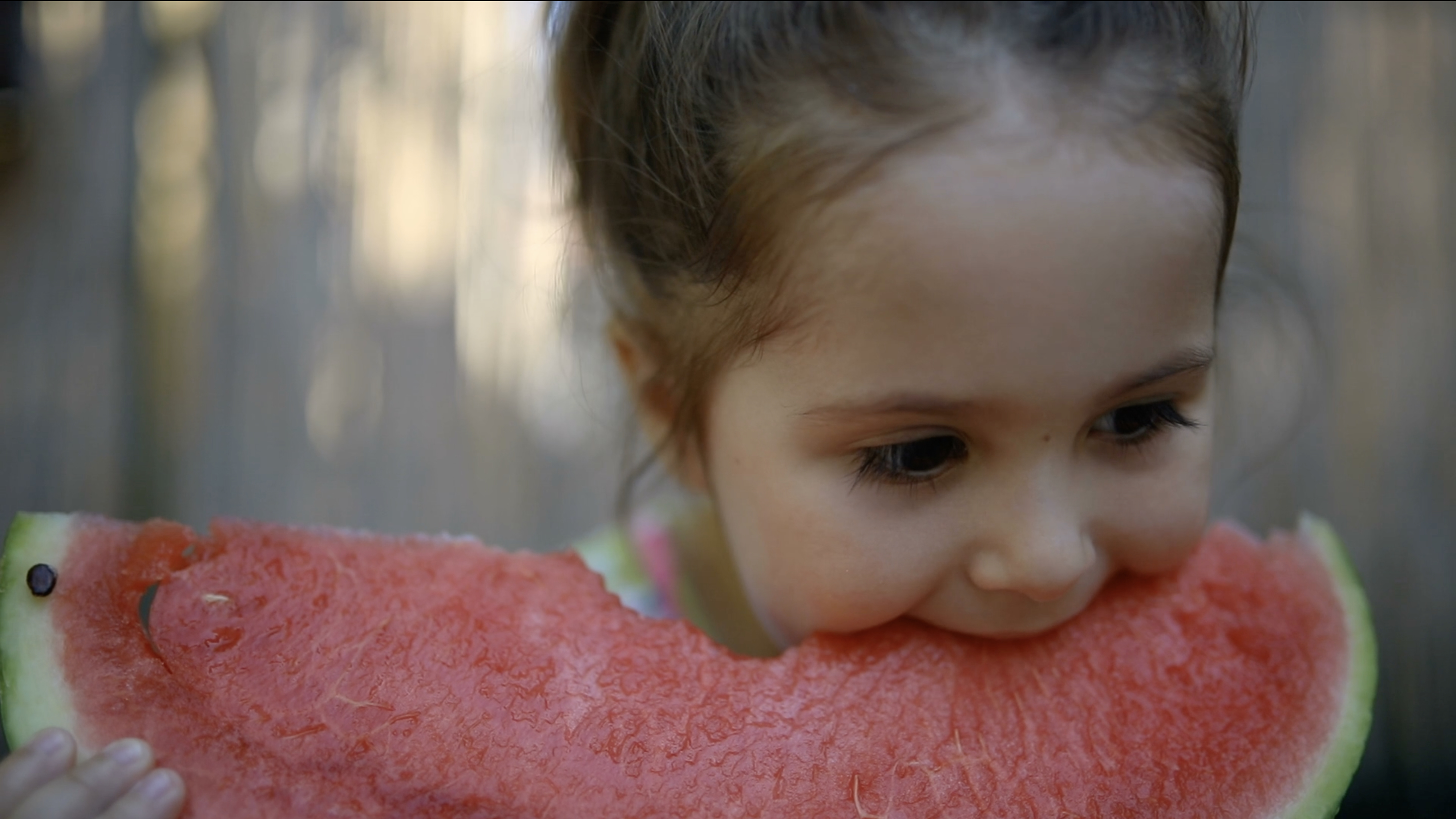little girl taking a bite into a large piece of watermelon