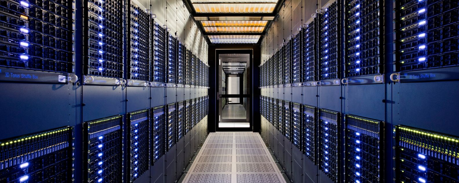  Open server rack cabinets in a Big Data center