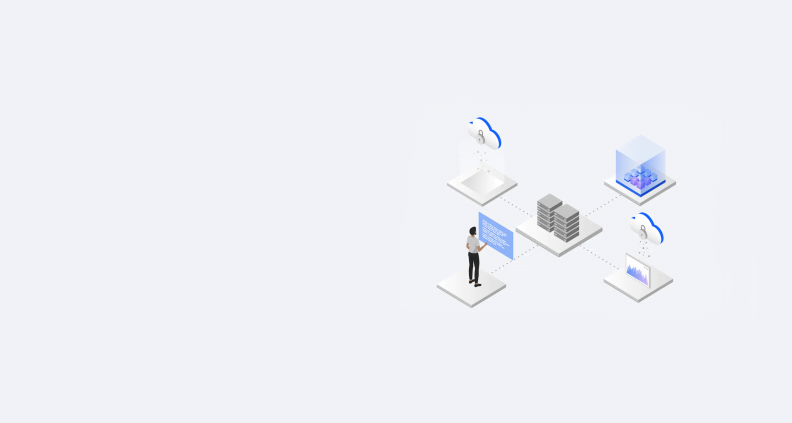 Isometric illustration of a person analyzing data on a dashboard connected to secure, scalable cloud storage options