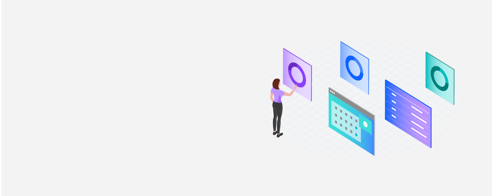 Isometric illustration depicting person touching a screen surrounded by other various data monitors