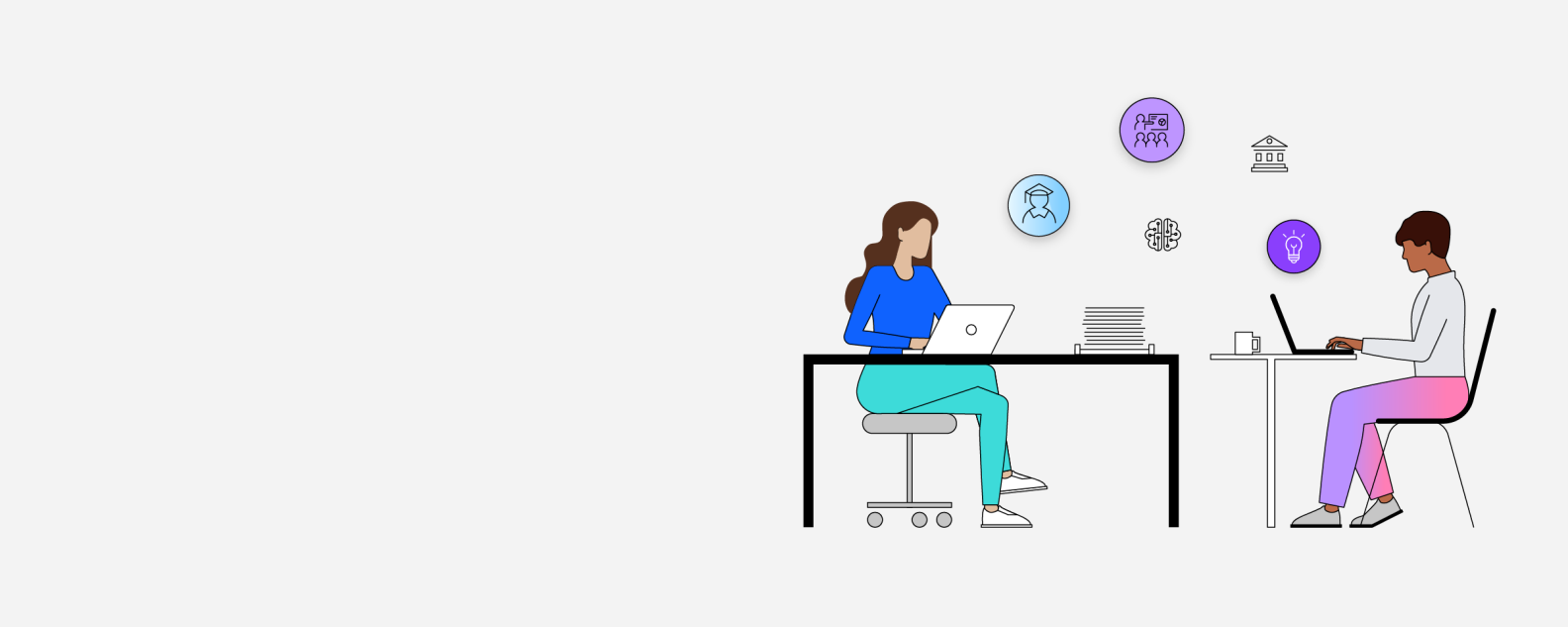 Illustration showing 2 people working on a laptop