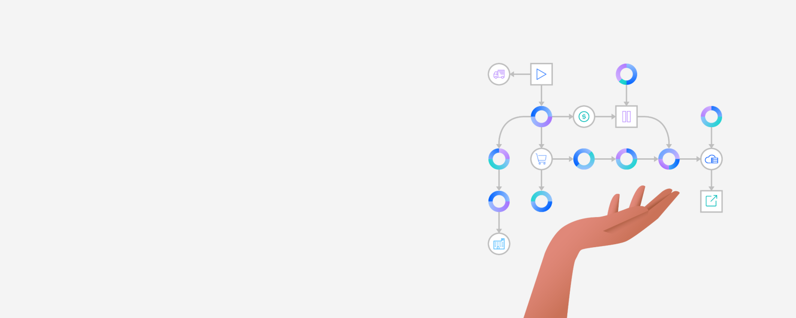Illustration of hand holding up connected dots representing digital journey including play button, shopping cart, etc