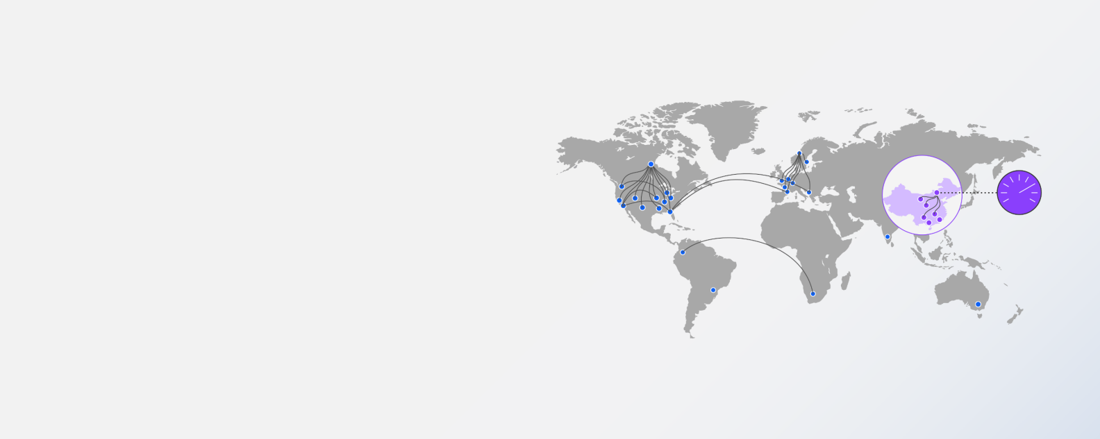 Grafico che mostra i punti di presenza di Managed DNS for China che si connettono al resto del mondo tramite NS1 Connect Managed DNS