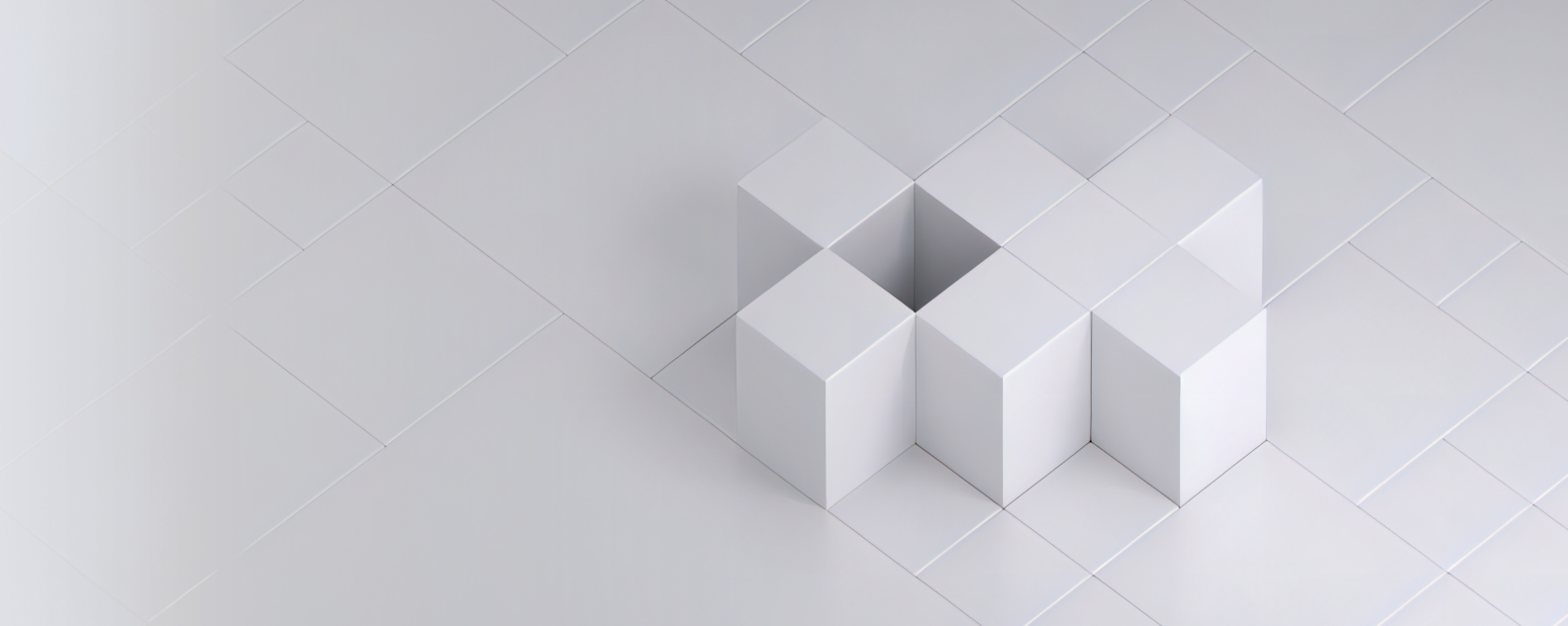 Gambar realistis atau foto tujuh kubus putih yang disusun pada petak kotak berwarna putih yang menciptakan pola