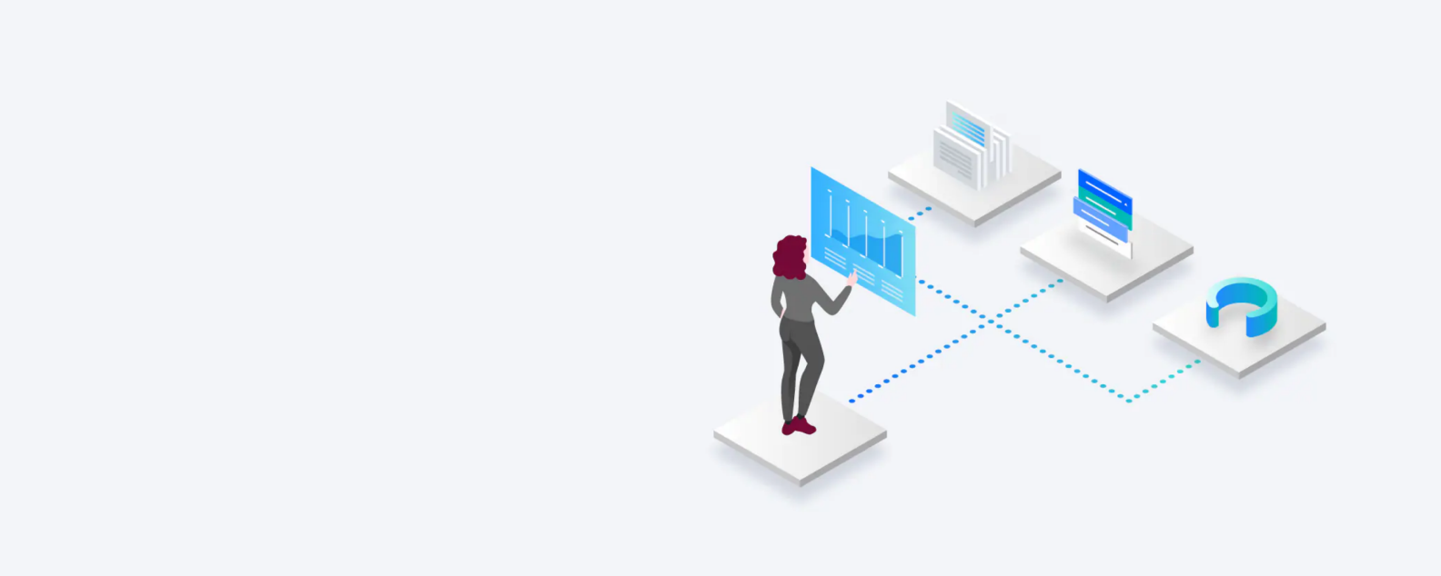 isometric Illustration of a person managing z/OS system functions through a web browser interface