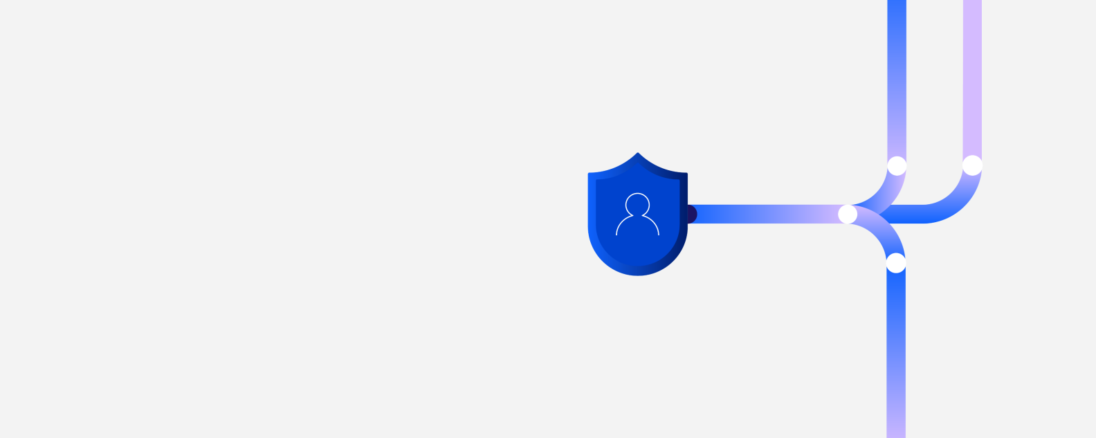 Graphic illustration in purple and blue color of a security shield connected to digital components