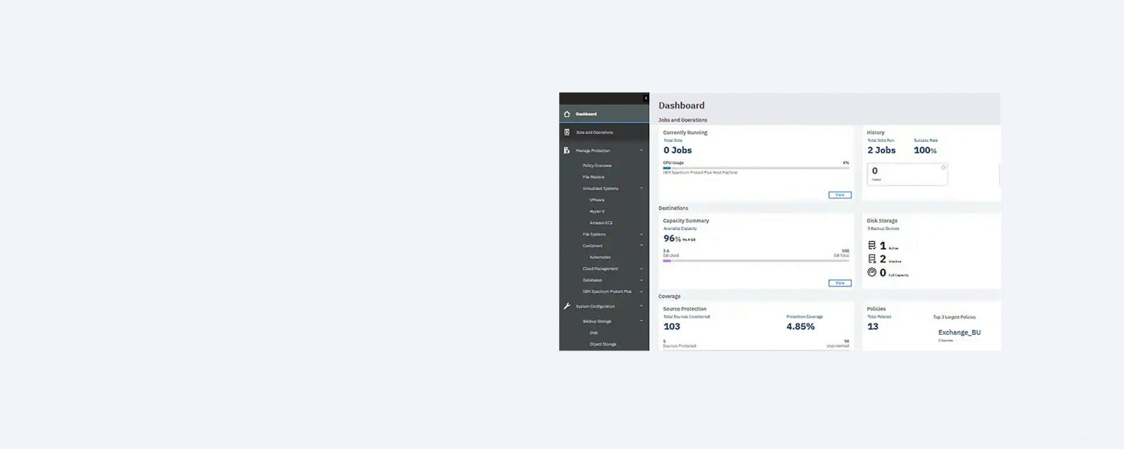 Screenshot of the IBM Storage Protect dashboard displaying data