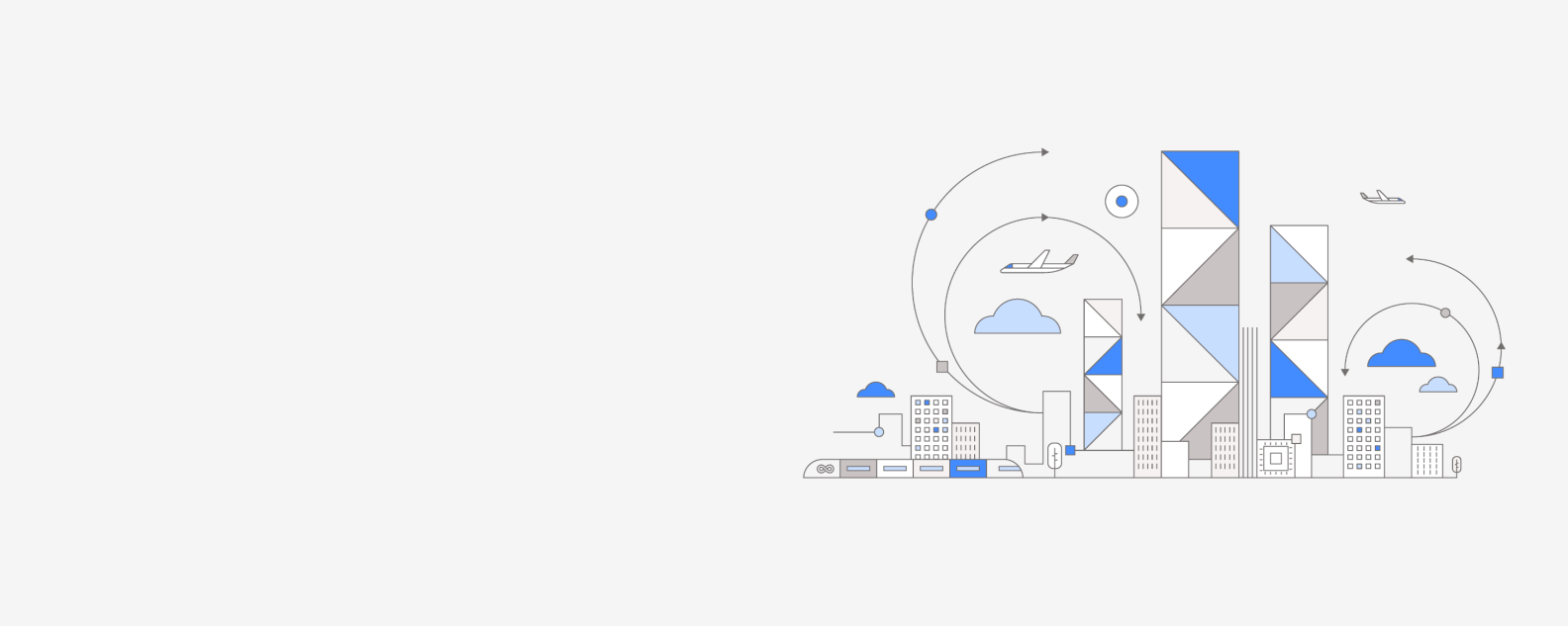 Ilustración plana de un horizonte urbano que muestra cómo la adopción de DevOps mejora la prestación de servicios en el cloud híbrido