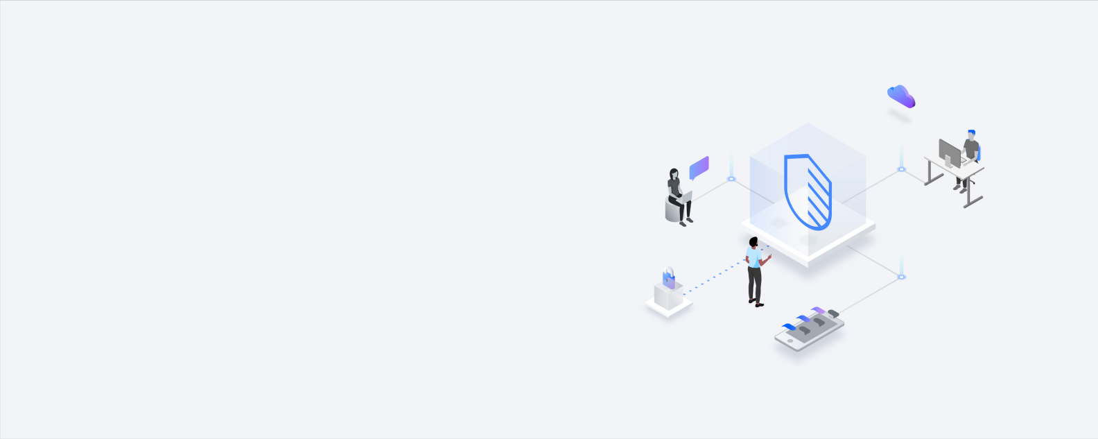 Isometric drawing showing different office personnel, all using IBM Security