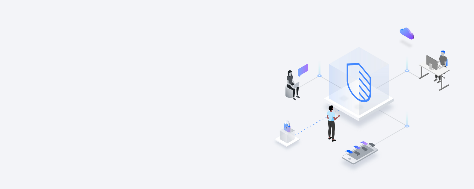 Isometric drawing showing different office personnel, all using IBM Security
