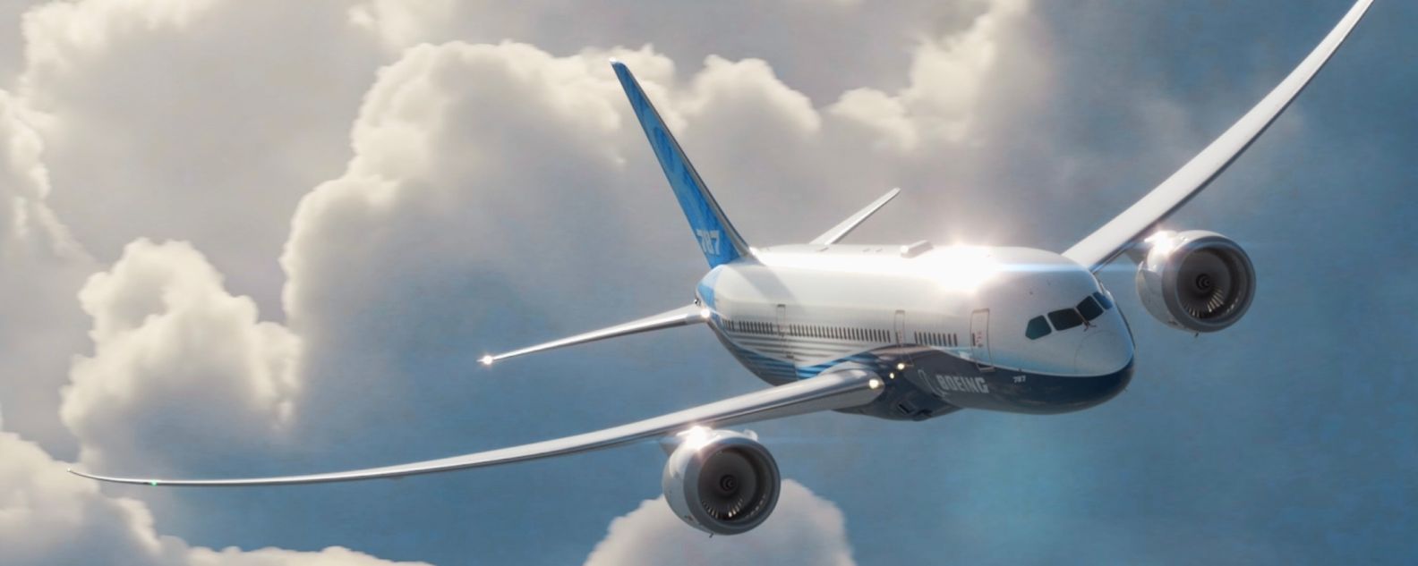 An image shows a 787 Dreamliner in flight.