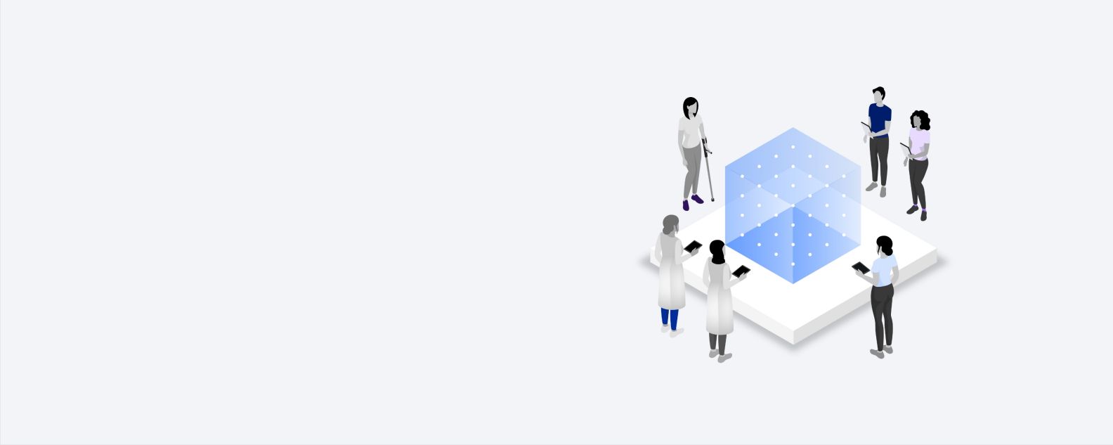 Isometric illustration of a group of people with devices analyzing data