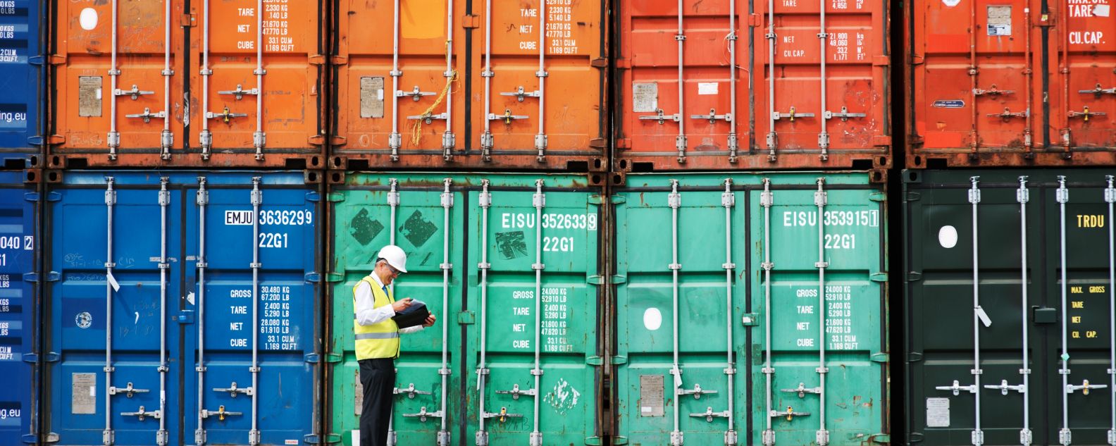 Person standing in front of stacked shipping containers