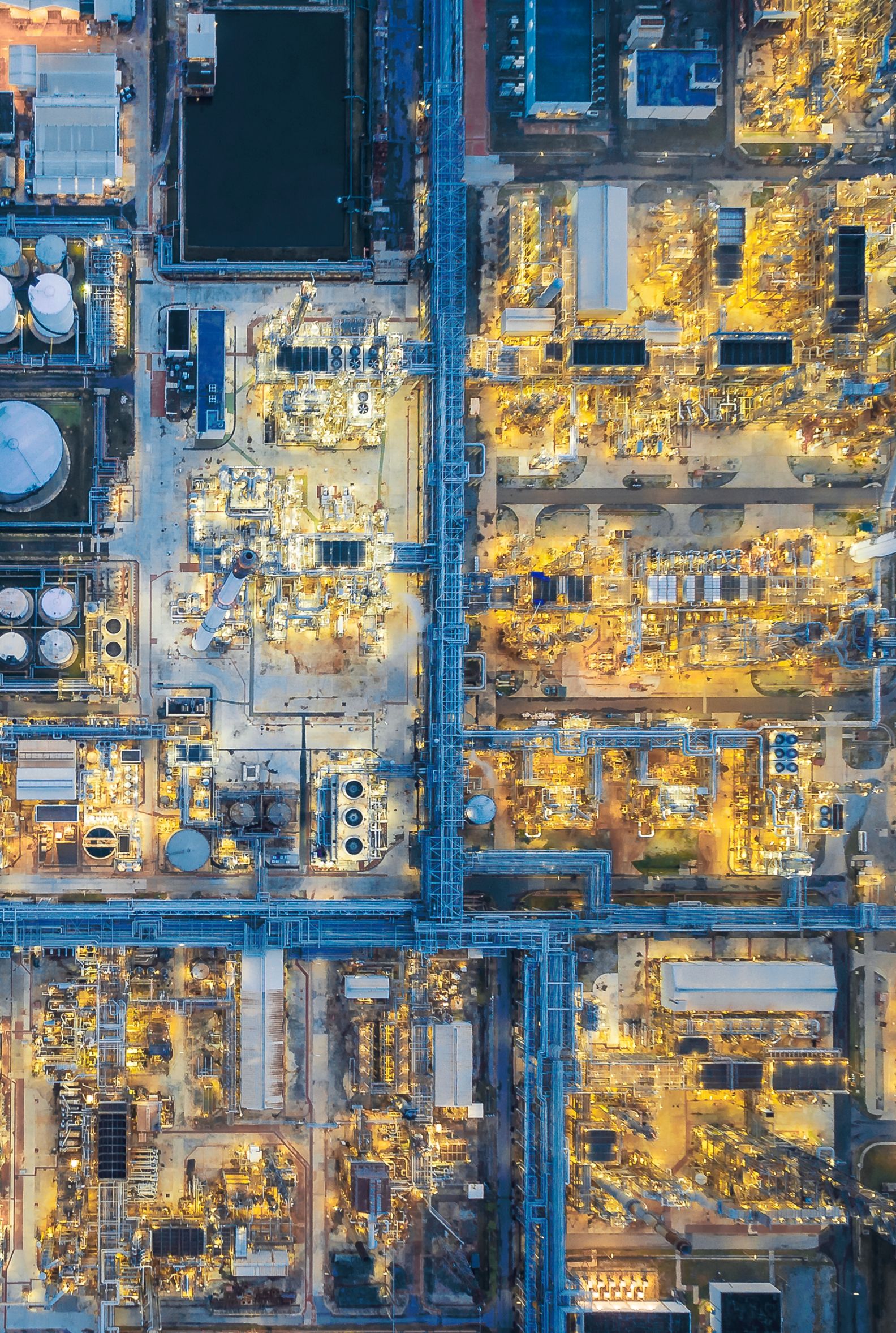 aerial top view Oil refinery at night, thailand.