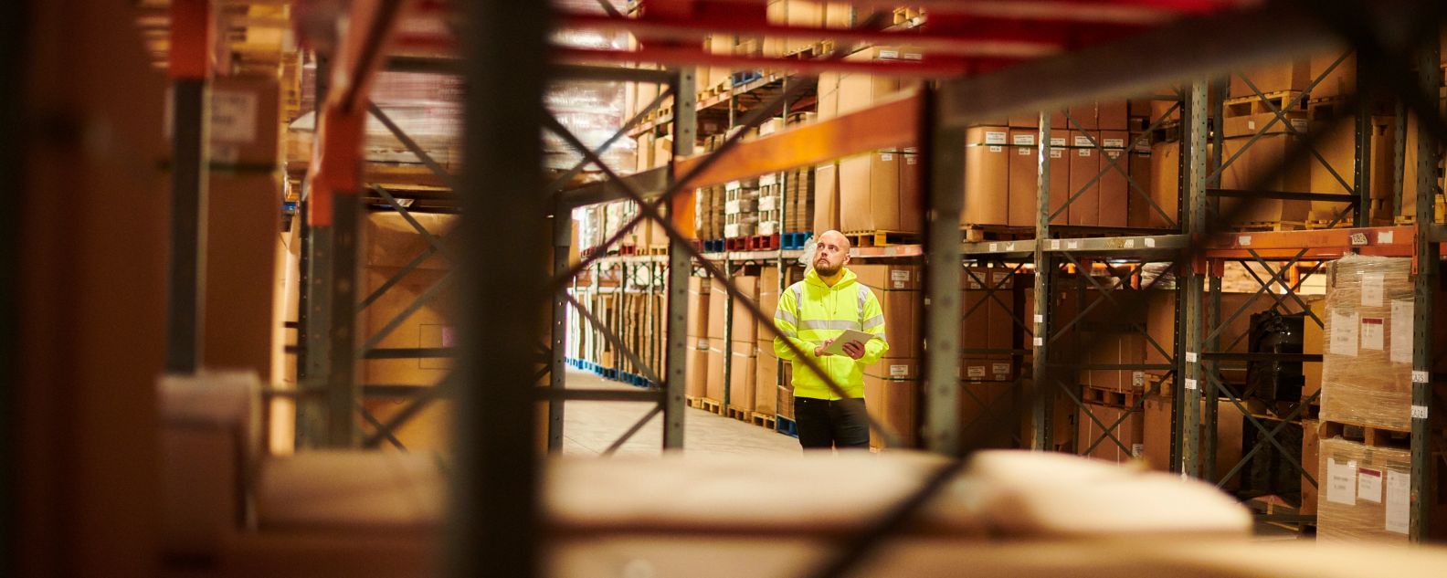 worker checking on orders in a warehouse