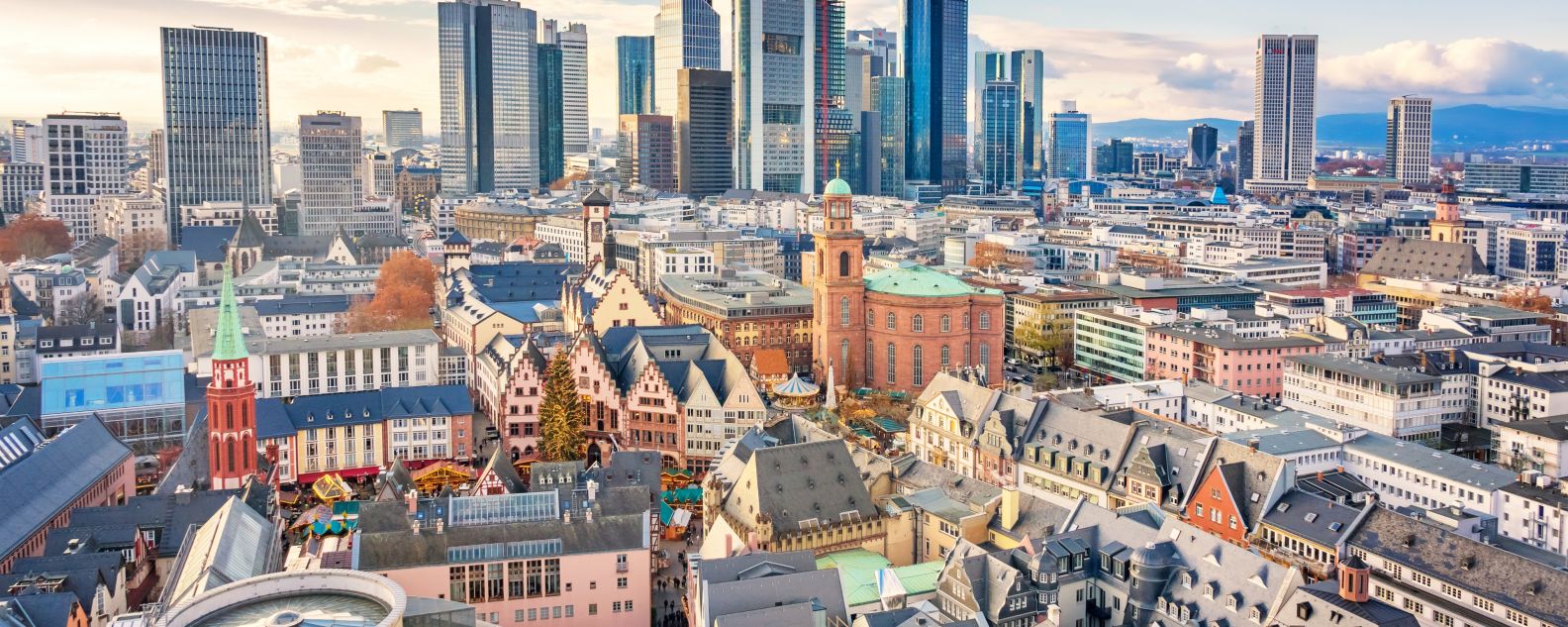 Skyline of downtown Frankfurt am Main Germany with the old town in the foreground on a sunny day