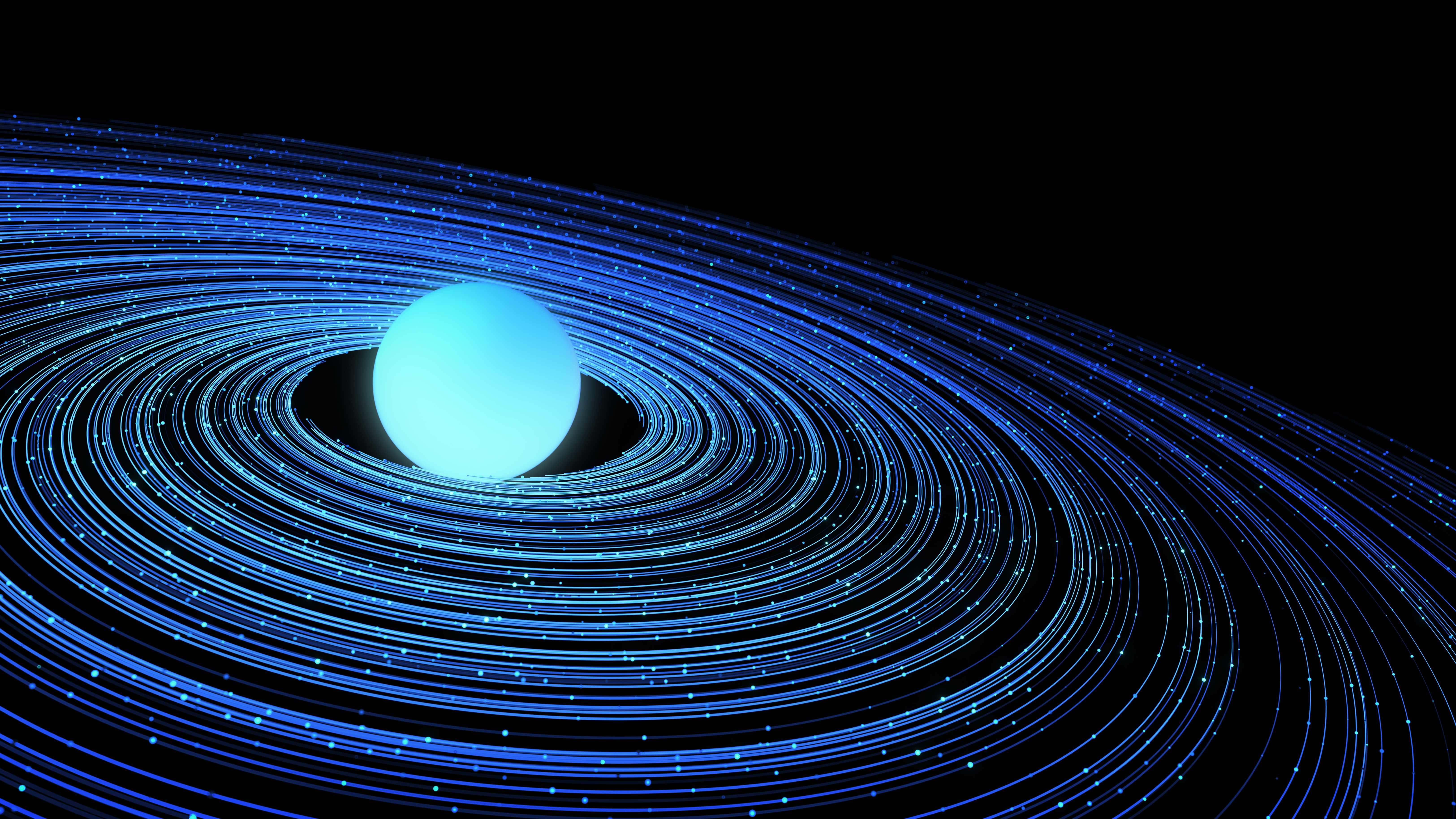 Glowing neon blue ball surrounded by rings similar to Saturn