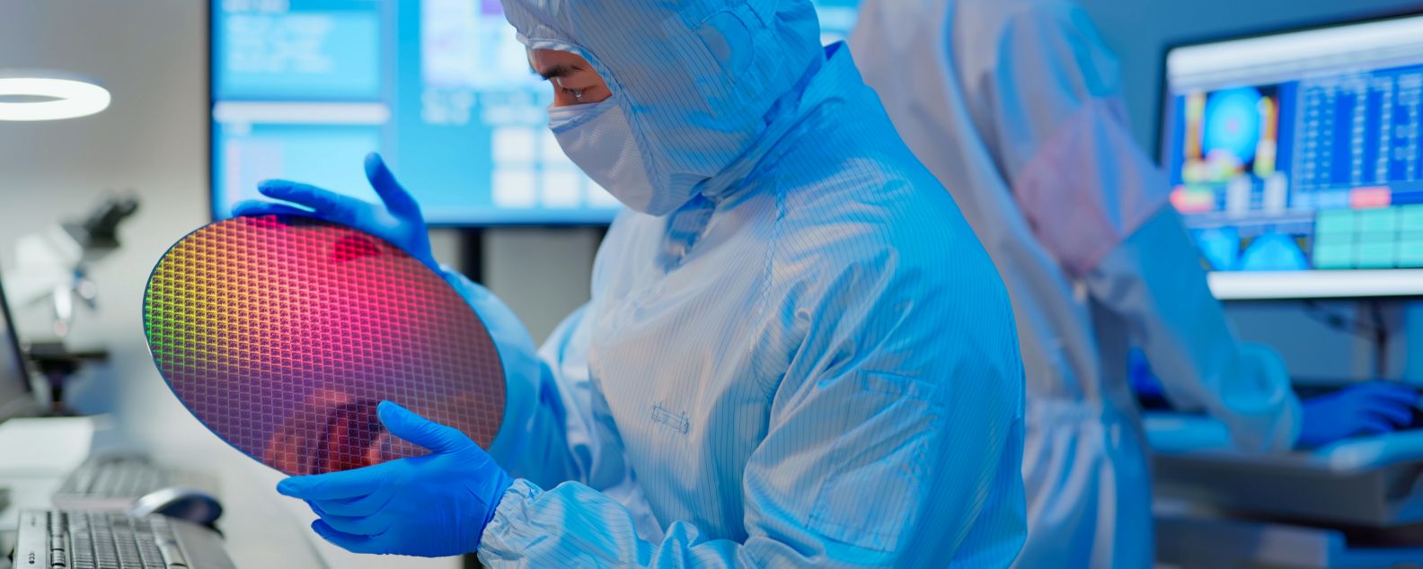 A technician in a clean suit holds a silicon wafer in a lab