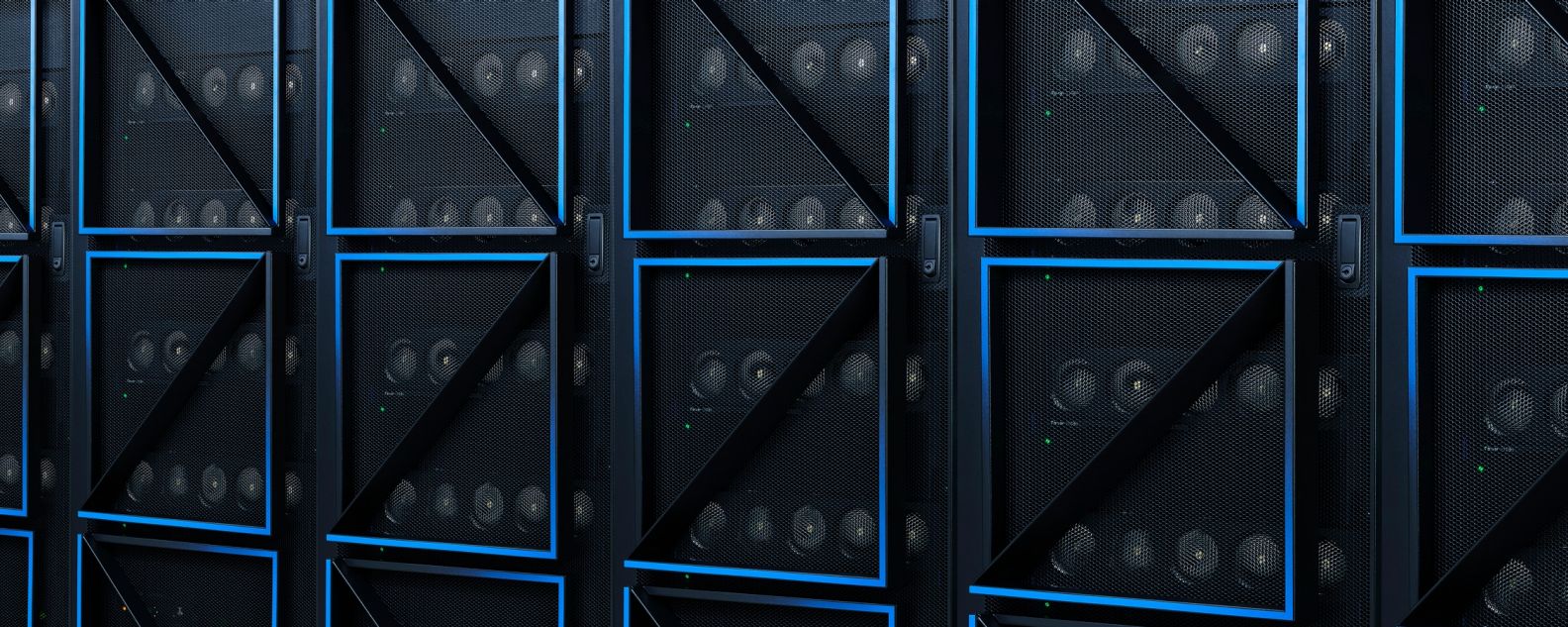A row of computer server rack in a data center, featuring the IBM Power10 door design
