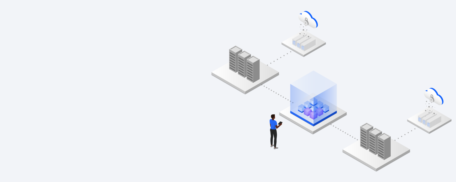 Isometric illustration showing a person accessing a storage system for data and artificial intelligence