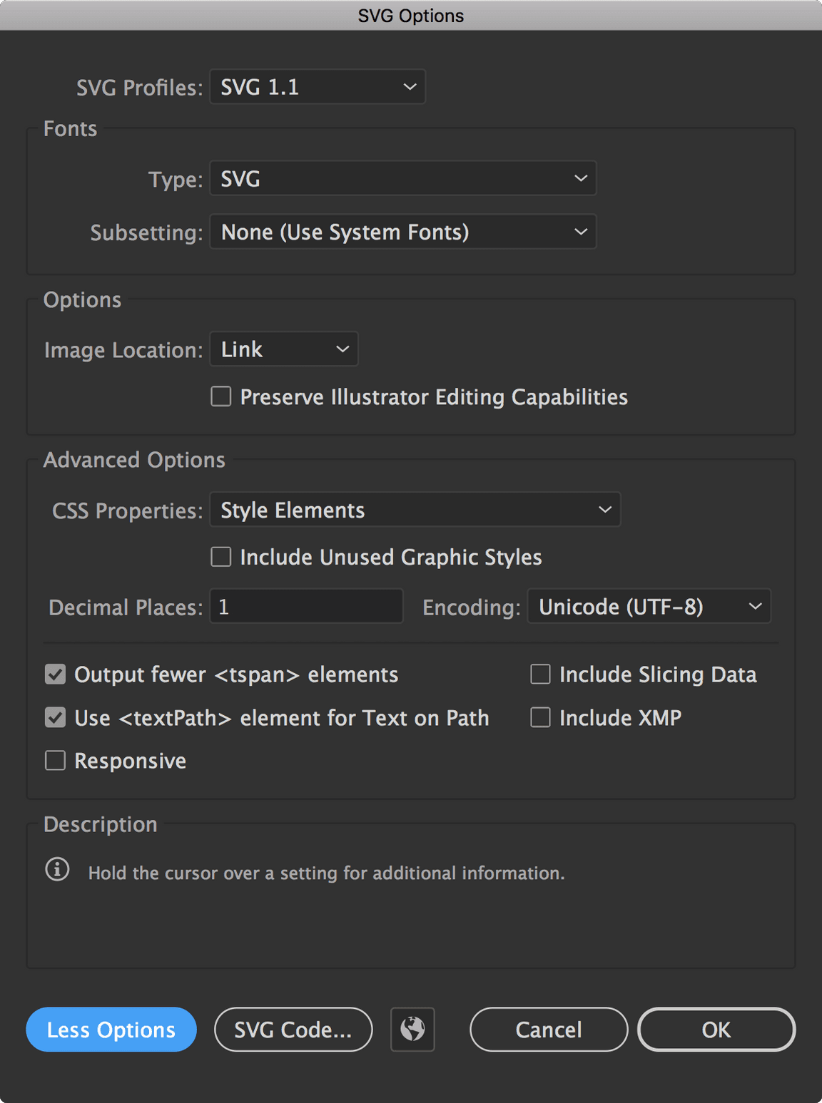 Ai settings for svg export screenshot