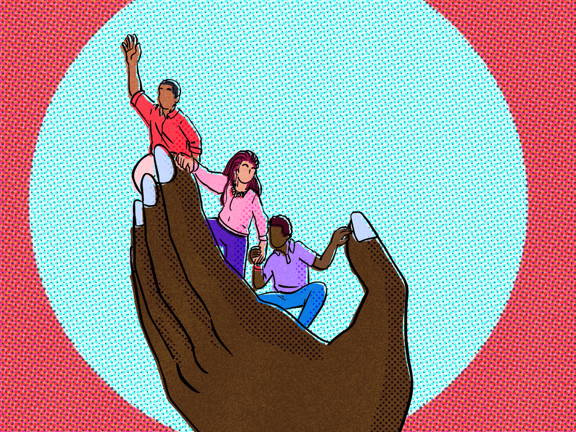 An illustration of a hand reaching out and helping three other figures.