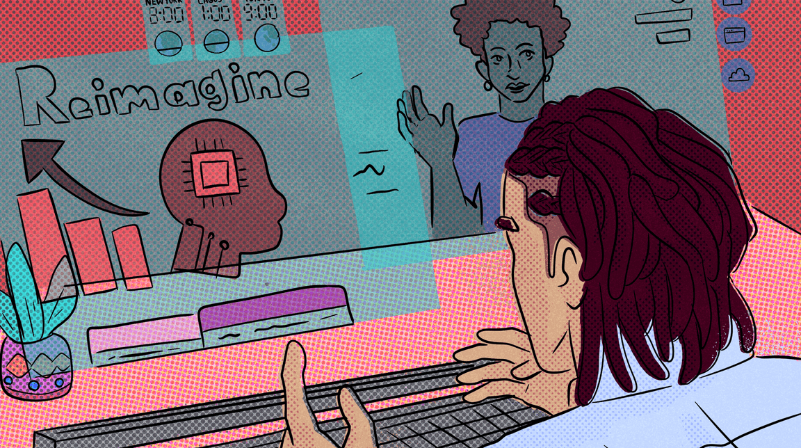 Illustration of a worker talking to a futuristic looking screen with the word Reimagine displayed promptly