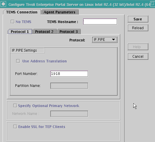 This graphic shows the Tivoli Enterprise Monitoring Server Connection page in the Configure Tivoli Enterprise Portal Server window