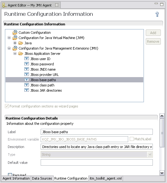 Agent Editor pane with Runtime Configuration page open and "JBoss base paths" selected in the Runtime Configuration Information section