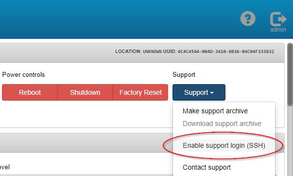 The Support drop-down list includes the option to enable the support login.