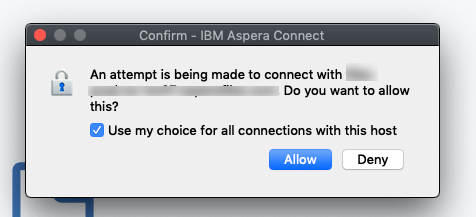 Screenshot of the connection request dialog from Aspera Connect.