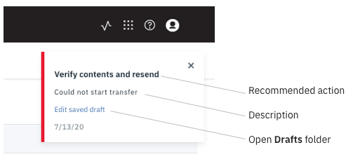 Screenshot of a sample toast notification that includes the message "Could not start transfer: and a link labeled "Edit saved draft".