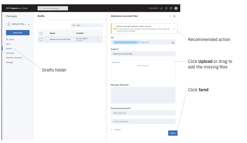 Screenshot of the Packages app. A callout points to the Draft folder in the left panel of the app. Other callouts point to the recommended action, the Upload link, and the Send button.