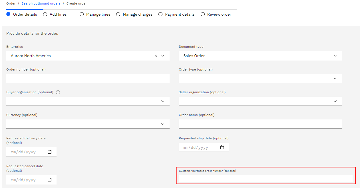Screen capture of the Create order > Order details page
