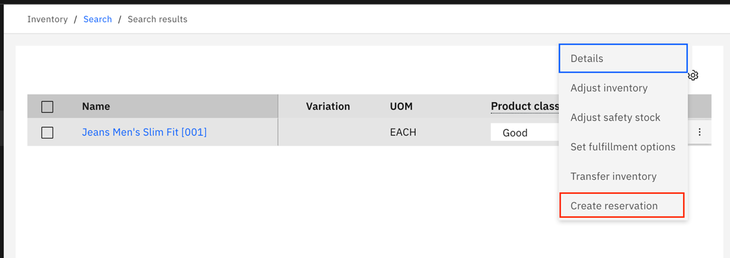 Screen capture of the overflow menu open and the Create reservation button highlighted with a red box