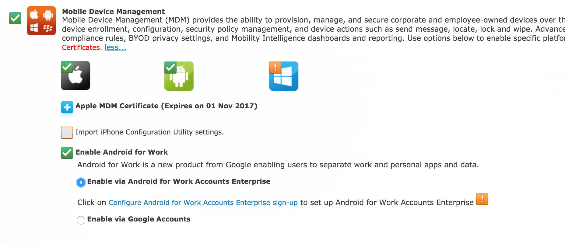 Enable via Android for Work Accounts Enterprise