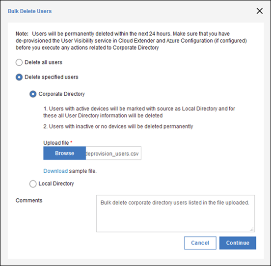 Viewing an example of bulk deleting specified users from Corporate Directory