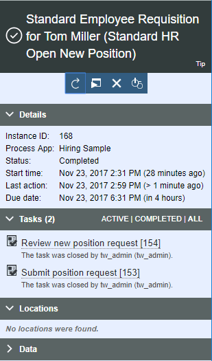 The closed task and completed process in the Process Instances view.