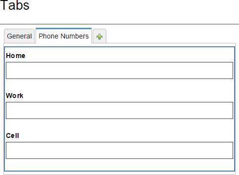 The Phone Numbers page containing three text fields named Home, Work, and Cell