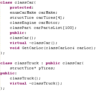 A snapshot of C/C++ source code showing a generalization relationship.