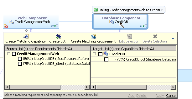 Window showing the possible links to be created