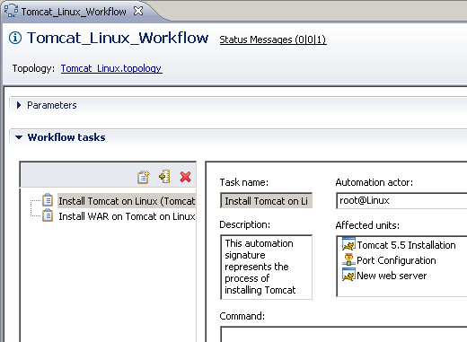 An example of a workflow that lists the steps for installing the server and application